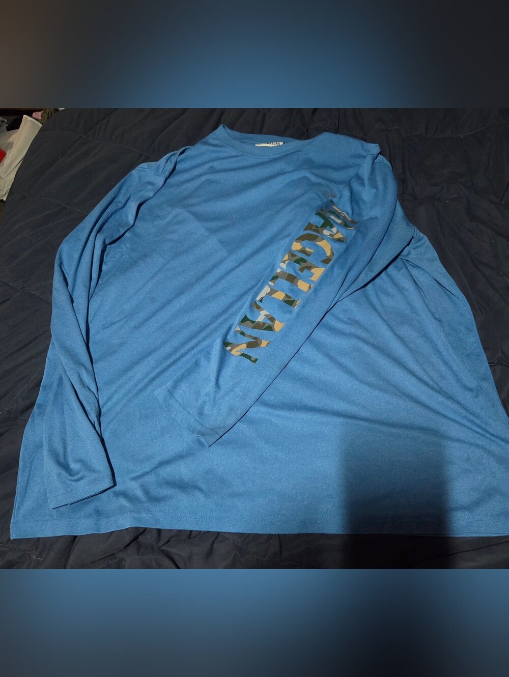 Magellan Outdoors Blue Long Sleeve Tee with Camo Sleeve Logo